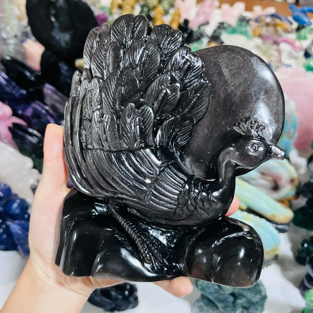 Hand Carved Natural Silver Obsidian Peacock Crystal Statue - Unique Home Decor Collectible Gift - Crystal Sculpture