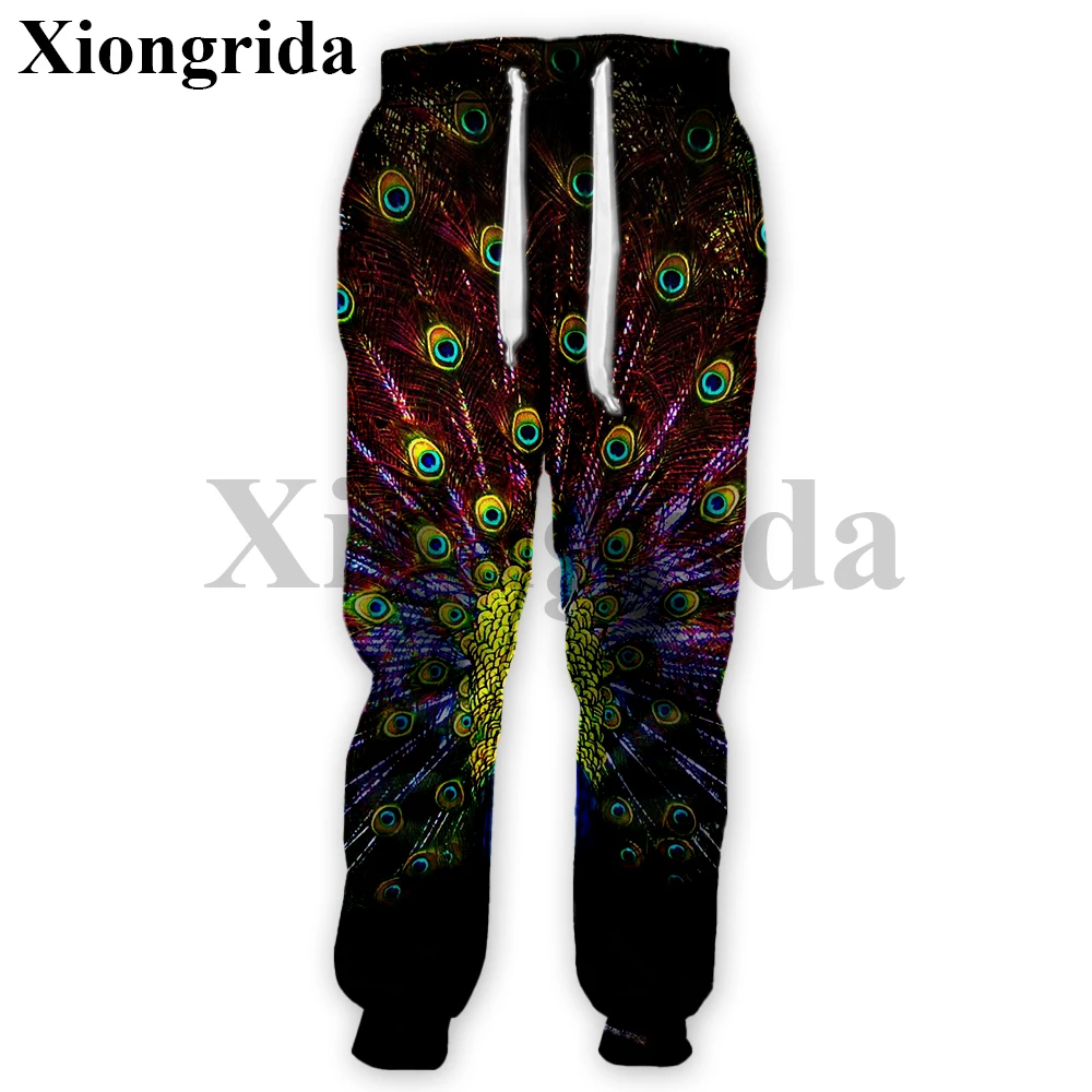 Mens Peacock Feather Printed Sweatpants Colorful 3D Animal Feather Print Pants Fashion Trousers Streetwear Male Clothes