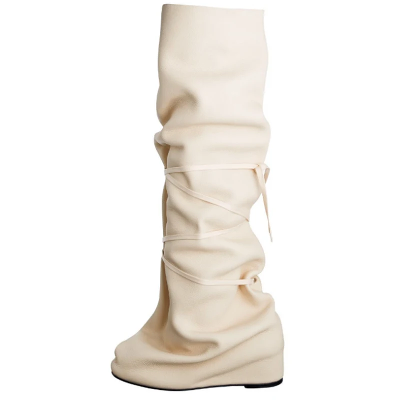

White Slouchy Lace-Up Over The Knee Boots Woman Winter 2026 Women's Burgundy Cross Straps Stylish Long Boots Thigh Boots