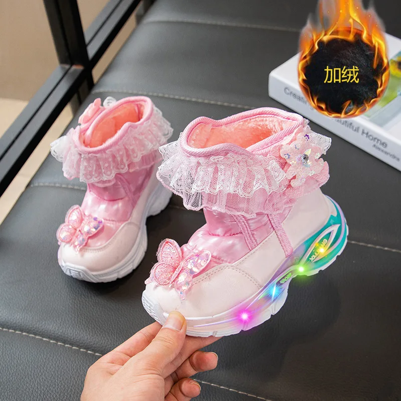 

Cartoon Girls Snow Boots Autumn Winter New Velvet Leisure Princess Shoes Girl Cotton Shoes Children Luminous Shoes