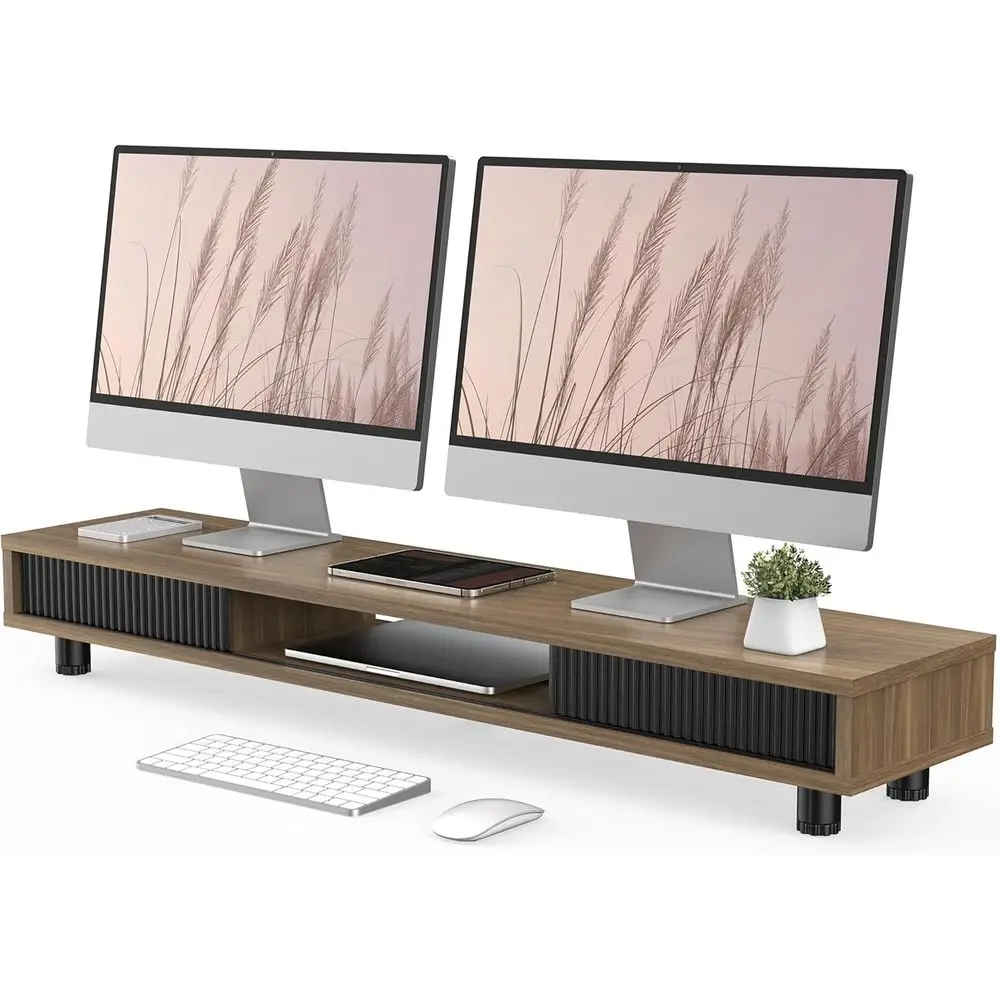 

42.5 Dual Monitor Stand with Sliding Door Storage Organizer for Desk, Laptop, PC, Printer, and TV