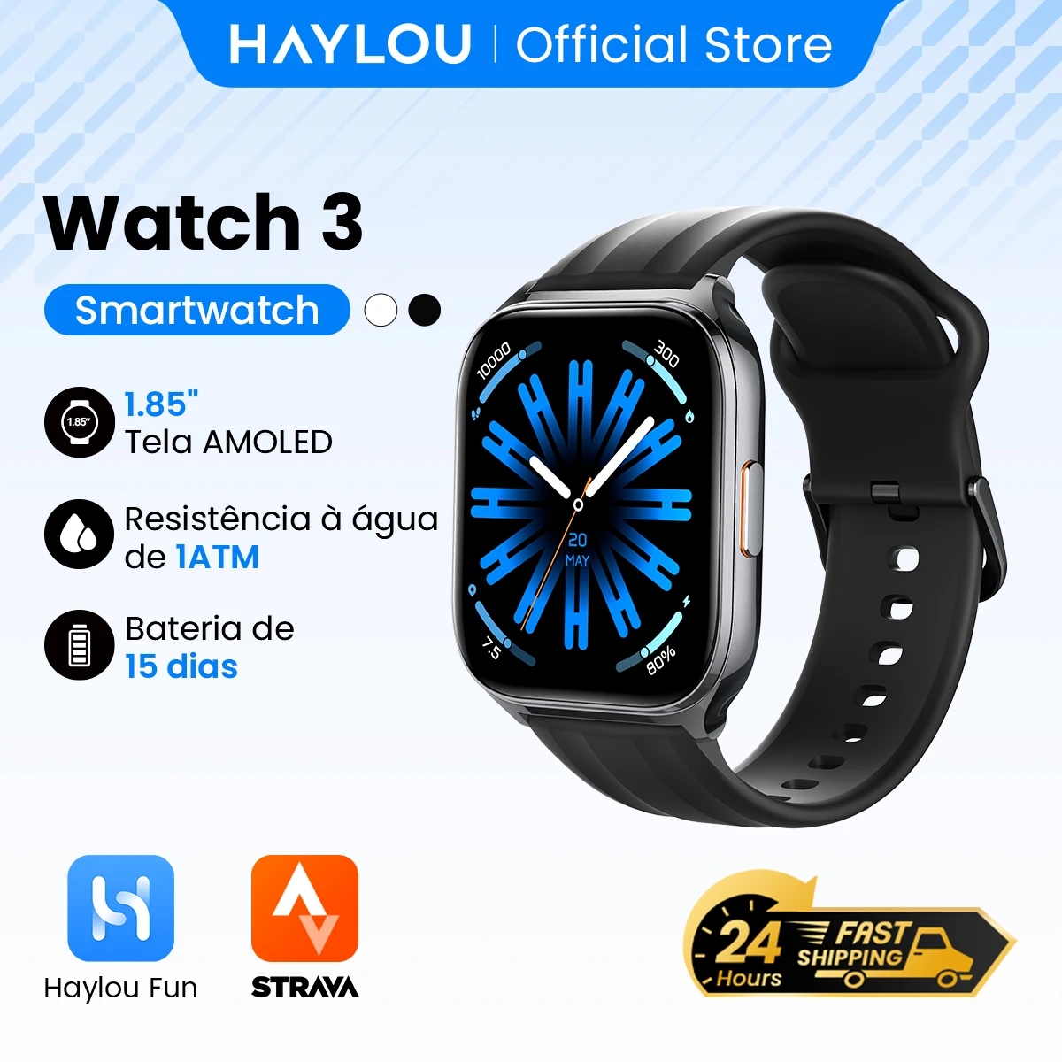 Relógio HAYLOU 3 Smartwatch com Chamadas de Voz Tela AMOLED de 1,85'' Monitoramento de Saúde 24h 150+ Modos de Esporte Relógio Inteligente à Prova d'Água 1ATM