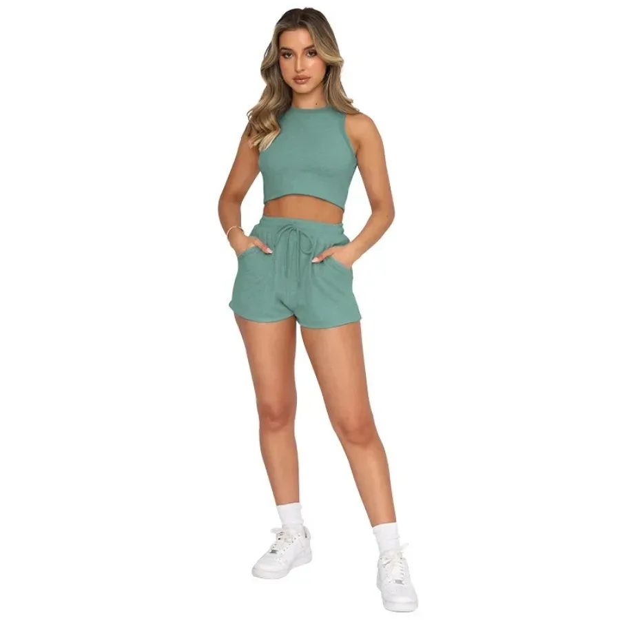 Conjunto de shorts esportivos sem encosto cor sólida, suspensório sexy, moda, novo, verão