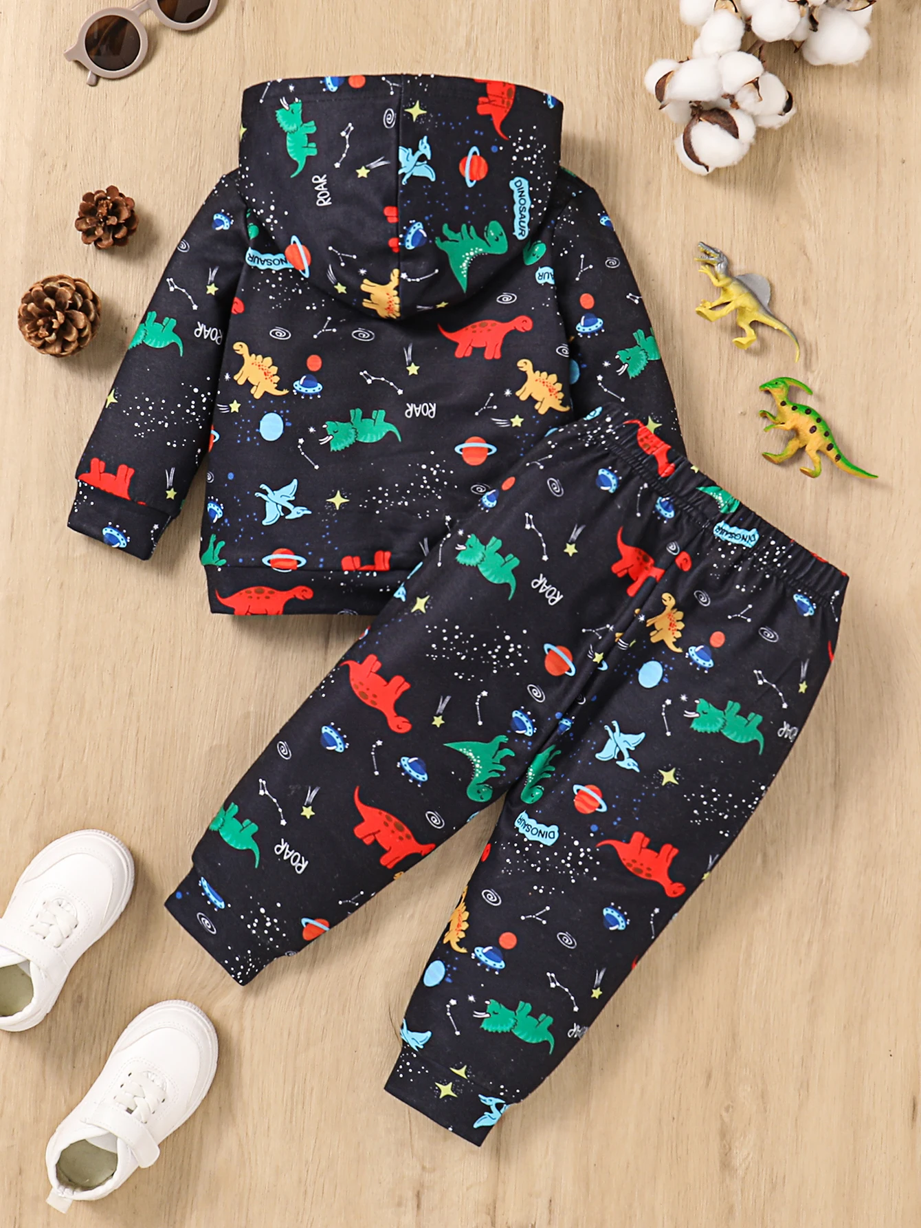 Baby Boy Fashion New Cartoon Dinosaur Letter Print Hooded Top and Trousers Two-Piece Suit Street Style