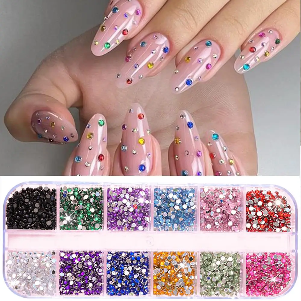 2 boîtes de strass colorés 3D pour Nail Art, demi-cercle/perles rondes, breloques pour ongles avec 1 stylo à empicoler et pince à dos plat, accessoire pour ongles