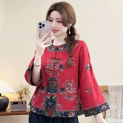 Chinese style Shirt Embroidered Tang suit coat women Retro Loose Cotton Linen Ethnic Style casual daily traditional hanfu coat