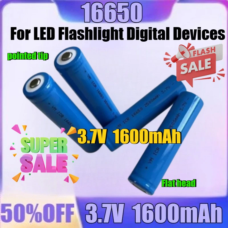 

New 2pcs 3.7V 16650 Lithium Ion Rechargeable Battery 1600mAh Power Lithium Battery for LED Flashlight Digital Devices