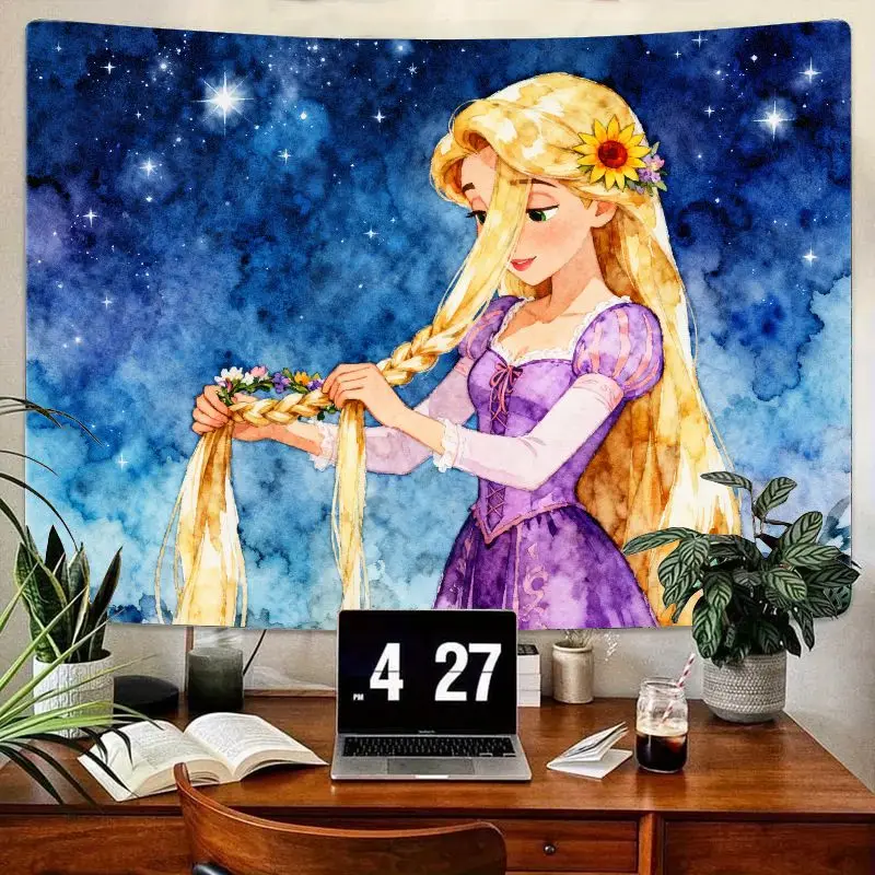 

1PC Rapunzel Princess Watercolor Tapestry, Aesthetic Starry Sky Wall Art for Girls Bedroom Living Room Decor, Long Hair Flower B