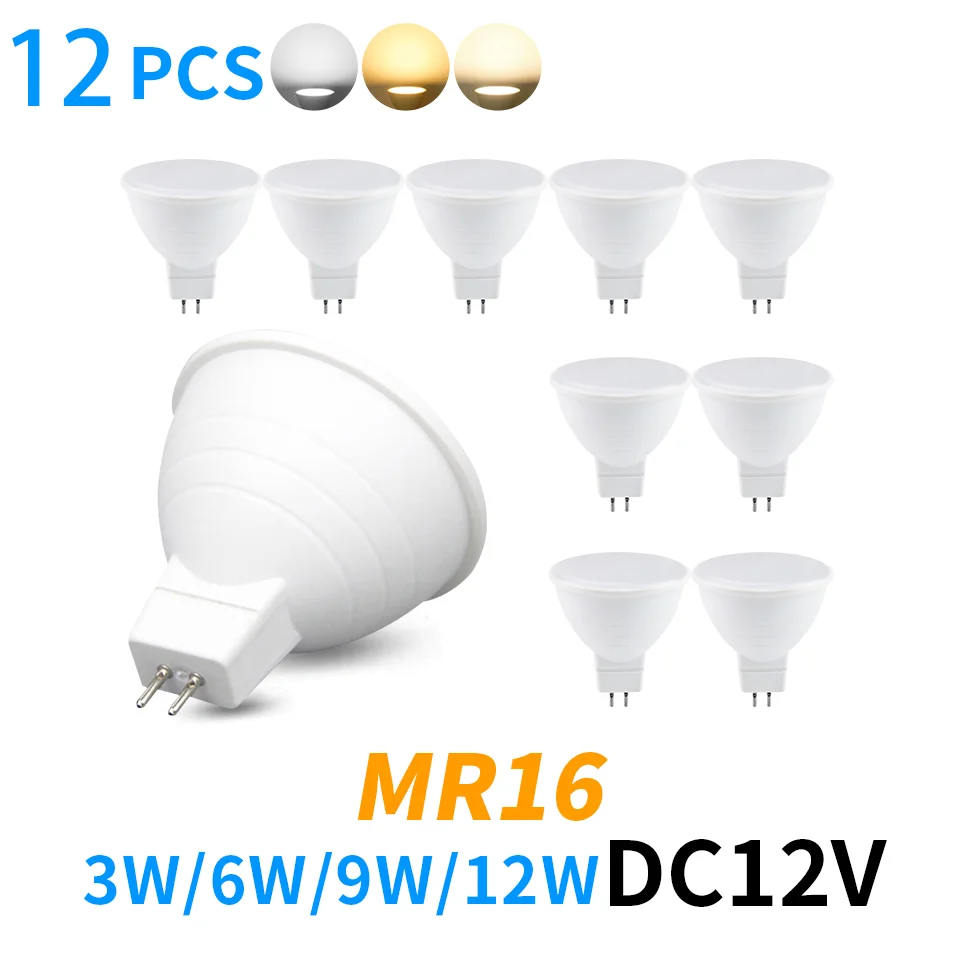 MR16 DC12V 12 sztuk 3W 6W 9W 12W żarówka reflektorowa LED o wysokiej wydajności chipy wysoka jasność energooszczędny materiał PC