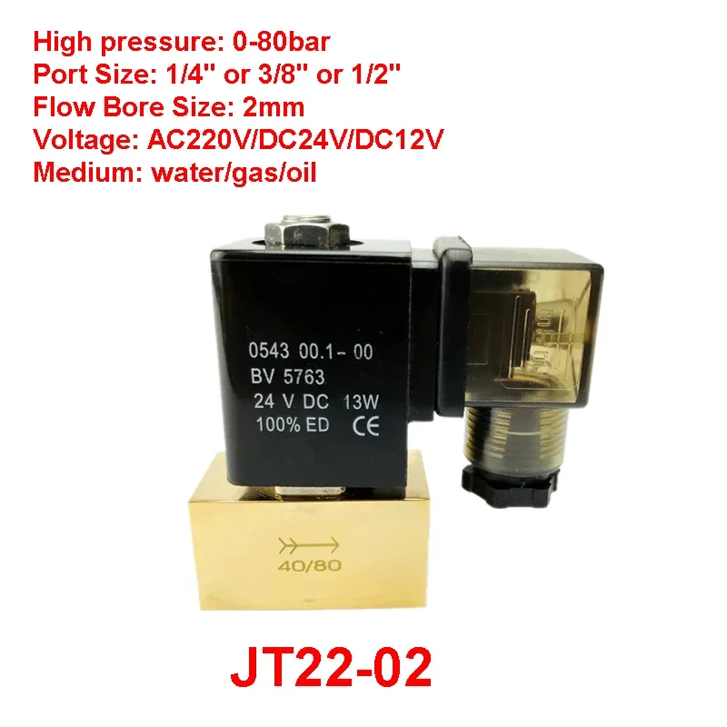 JT22-02 SD22-02 Direct Acting Brass Valve 80bar High Pressure Solenoid Valve 2 Way 1/4 3/8 1/2 BSP DC12V/24V AC220V Normal Close