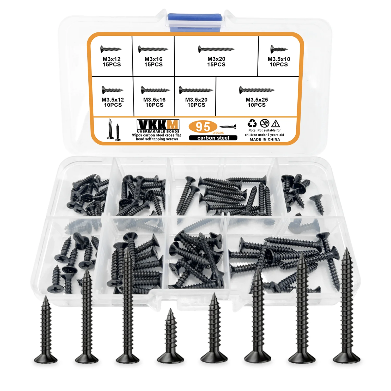 Juego de tornillos de cabeza plana para madera, conjunto de sujetadores de cabeza avellanada acanalada cruzada, acero al carbono-95 piezas, M3 a M3.5