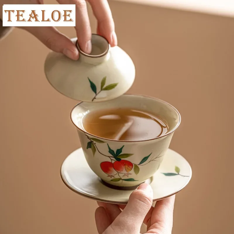 120ml Cream Ru Kiln Respectful Gaiwan Vintage Hand-painted Pomegranate Tea Tureen Tea Brewing Cover Bowl Tea Ceremony Collection