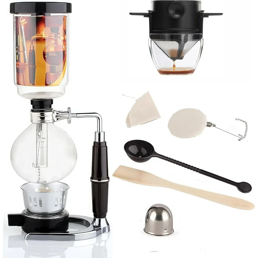 

Siphon Coffee Maker Set, 5-Cup 600ml (20.3 oz) Borosilicate Glass Vacuum Brewer with Foldable Stainless Steel Coffee Filter, Dua