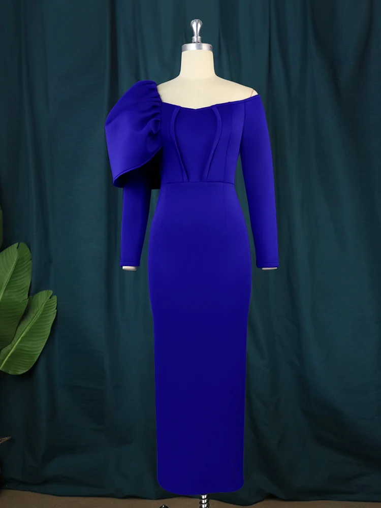 Women Elegant Royal Blue Party Dresses Fall Winter 2024 Bare Shoulder Long Sleeve Evening Occasion Wedding Birthday Maxi Gowns