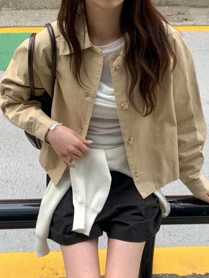 Chic Autumnal Short Coat Jacket Women's Vintage Turn-down Collar Single Button Simple Versatile Female Outerwear Coat