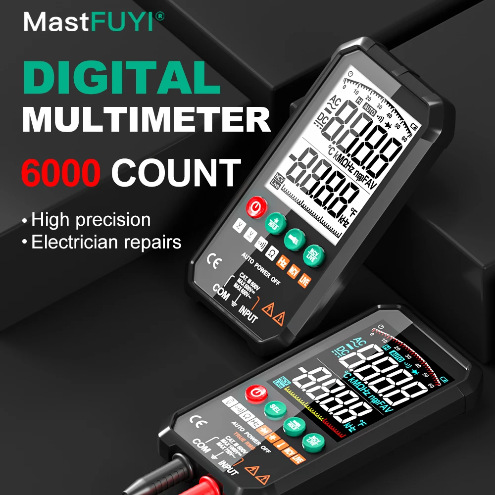 

MASTFUYI Professional High Precision 6000 Count 1000V AC DC Digital Multimeter Ohm Hz Multifunction Temperature Detection Meter