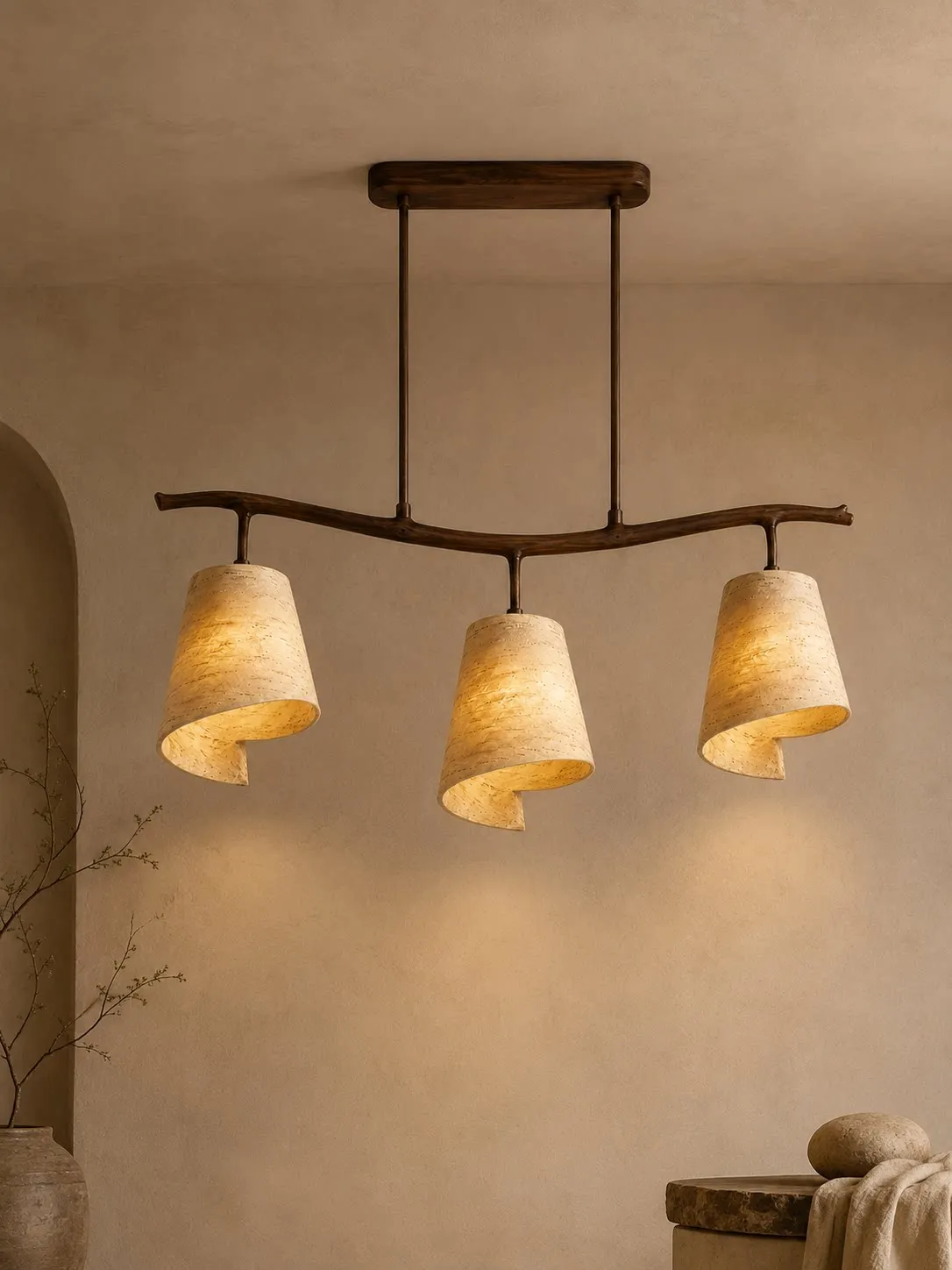 Wabi Wind Walnut Restaurant Chandelier Log Branches Paper Art Lampshade Japanese Style Three-headed Long Dining Table Chandelier