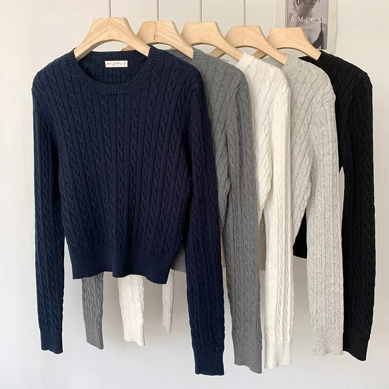 Women Pullover 2026 Autumn Winter Solid‑Color O-Neck Sweater Cable‑Knit Long Sleeve Knit Sweater Versatile Base Top