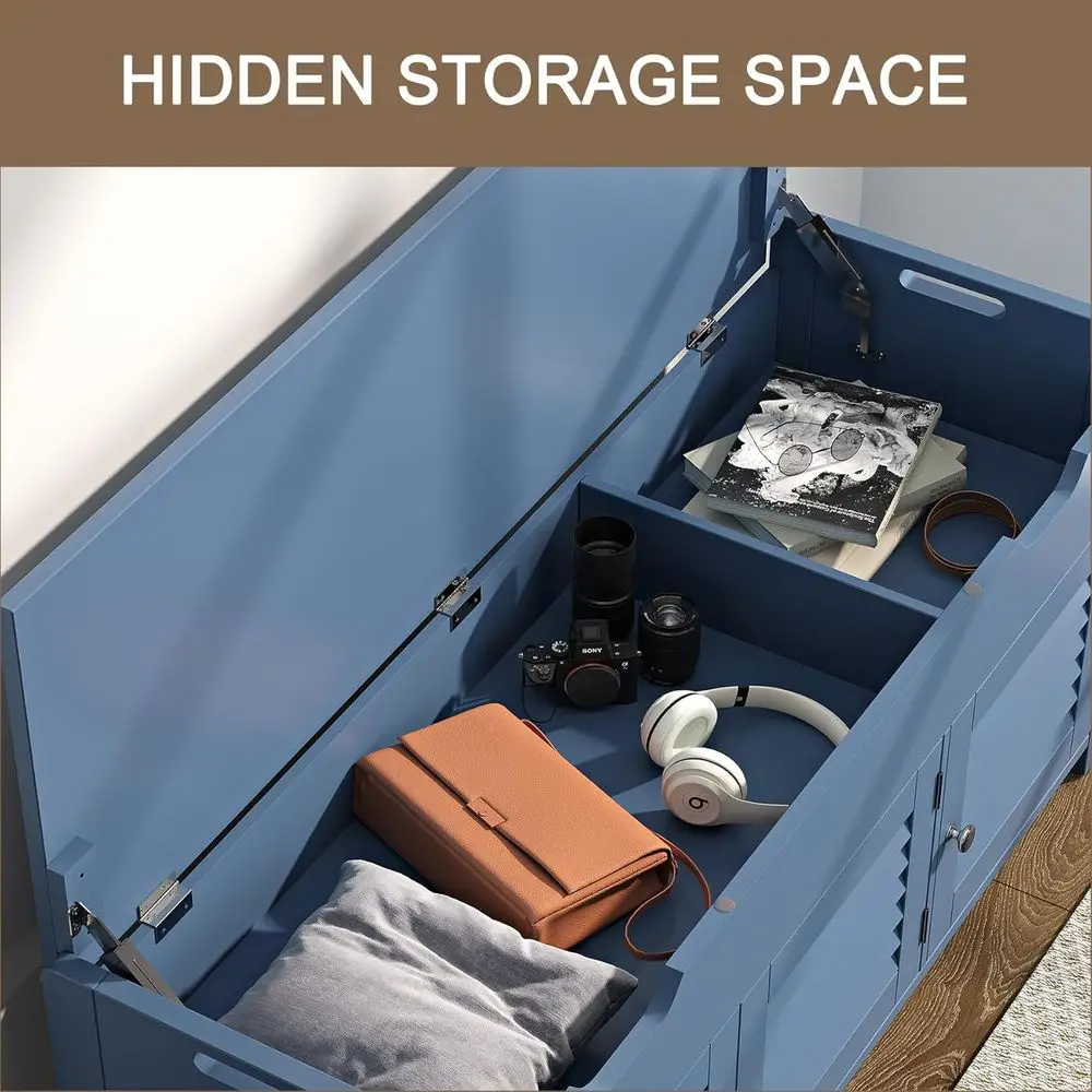 Blue Cushioned Lift-Top Shoe Storage Bench with Adjustable Shelf for Entryway, Bedroom, Living Room