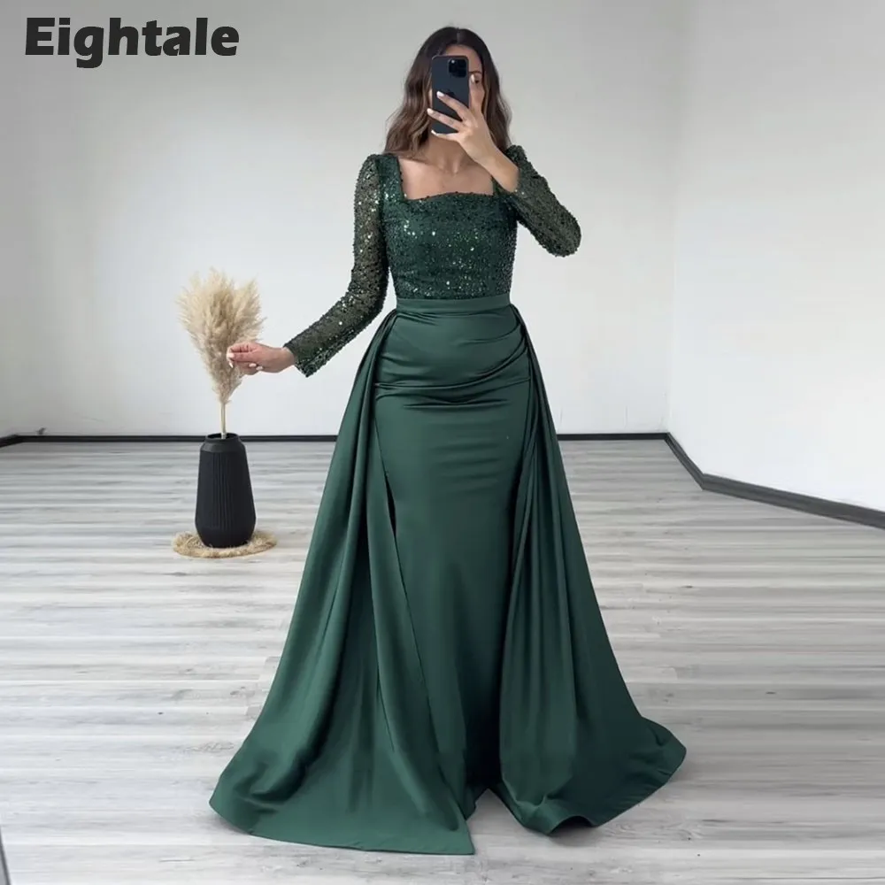 EPackage Ale-Robe de soirée sirène vert foncé, manches longues, paillettes, plis, robe de Rhavec poignées, jupe amovible, robes de soirée