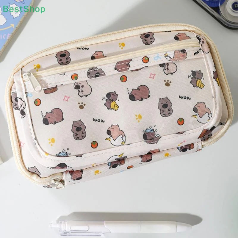 Bolsa para bolígrafos Capibala de gran capacidad, bolsa de almacenamiento de papelería, estuche para lápices de dibujos animados Kapibara de alta calidad con tapa abatible, 1 Uds.