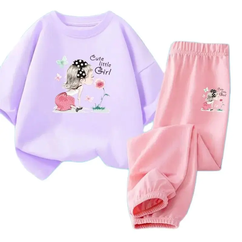 2024 Cute Girls Suit Fashion Summer New Children's Short-sleeved T-shirt Two-piece Set Baby Girl Mosquito Pants Summer Wear