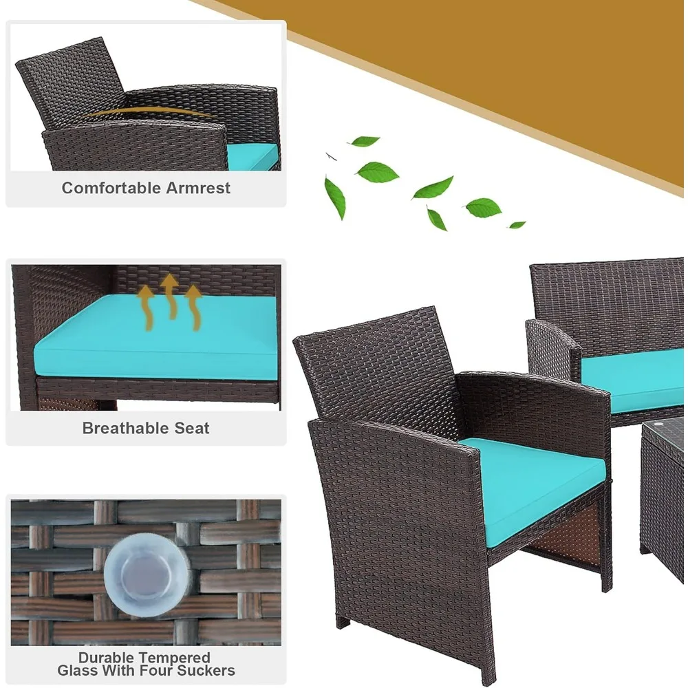 4 Pieces Wicker Patio Furniture Set, Outdoor PE Rattan Conversation Set with Chairs,Loveseat, Coffee Table,Cushions for Poolside