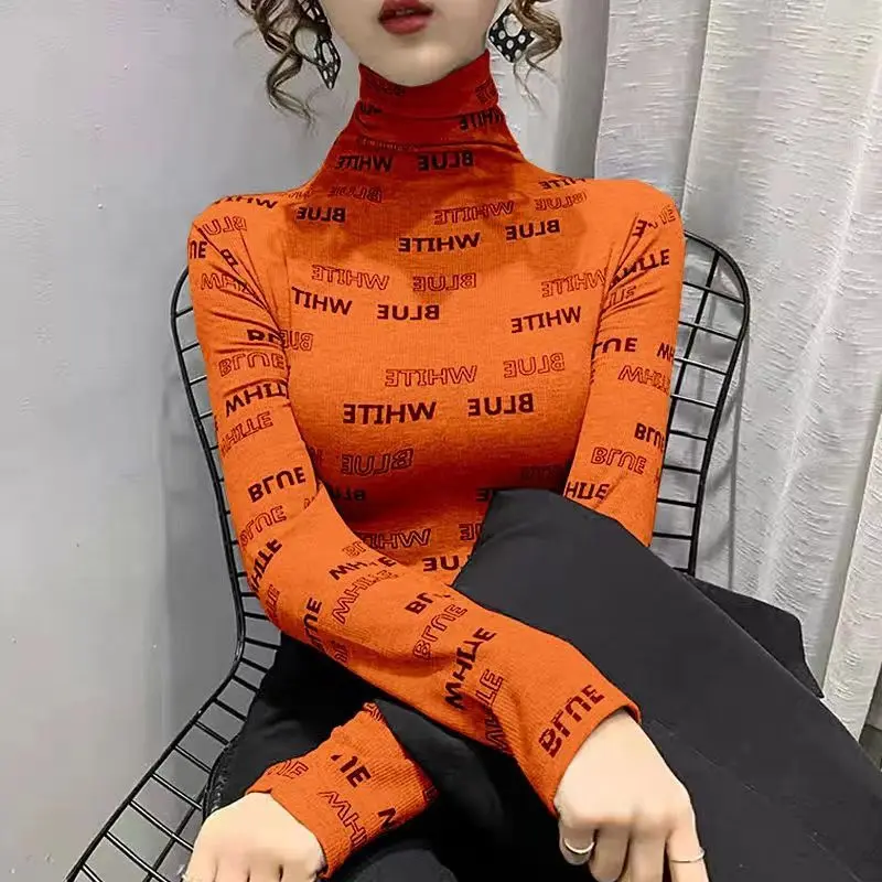 Women's Fashion Underlay Autumn and Winter New High Collar Printed Letter Long Sleeved Bodycon All-match Pullover T-shirt Tops