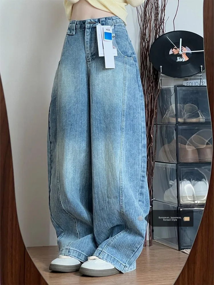 

High Waist Wide Leg Denim Jeans Women's Straight Cut Trousers Bamboo Deconstruction Scythe Texture Summer New Style plus Size