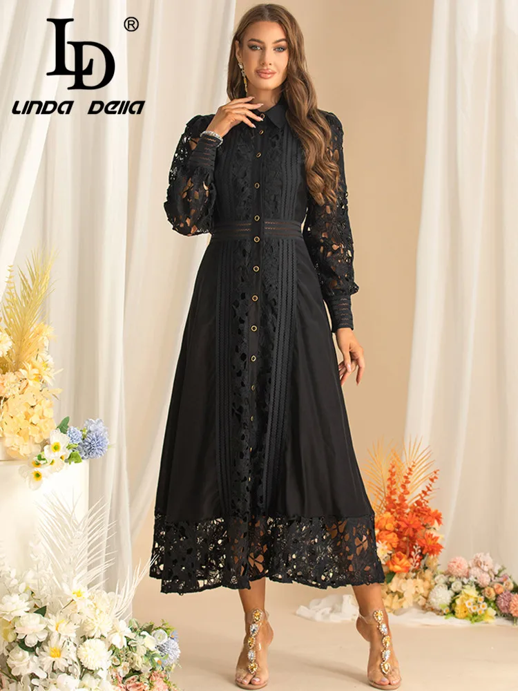 LD LINDA DELLA Autumn Women\'s Dress Turn-Down Collar Long-Sleeved Single-Breasted Lace Hollow Out Solid Color Dresses