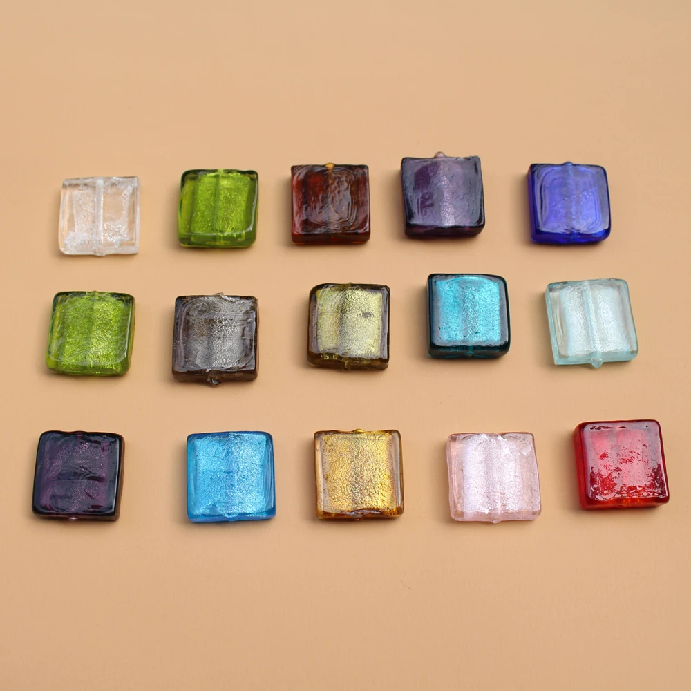 10Pcs 20mm Lampwork Glass Beads Square Flat Foiled Multi-Color for Jewelry Making DIY Craft White Pink Mix