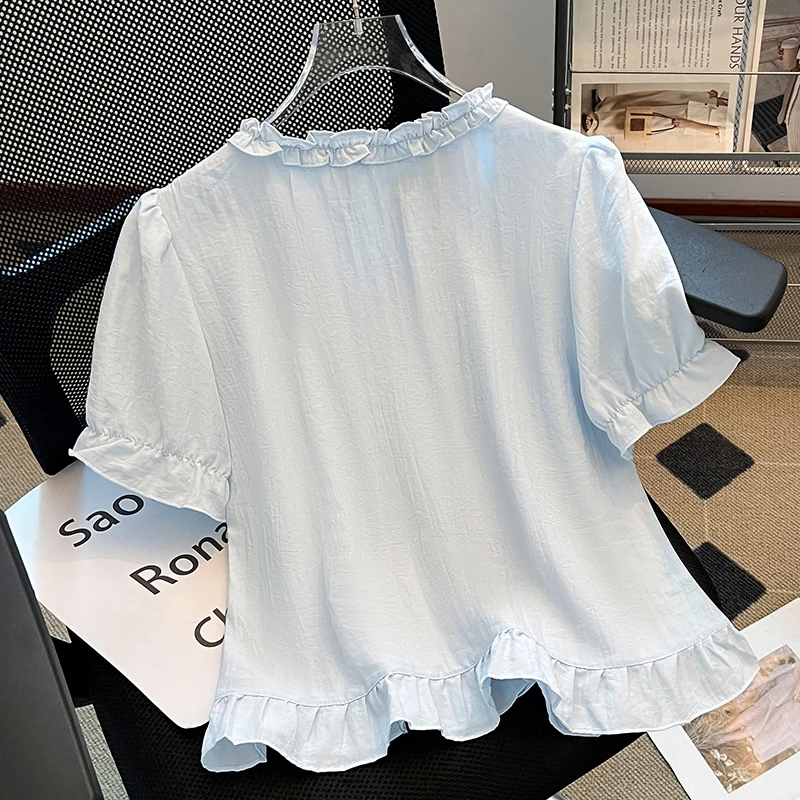 Fashion Women Ruffled O Neck Blouse Sleeve Summer Single Breasted Slim Top Korean Cute Ladies Top