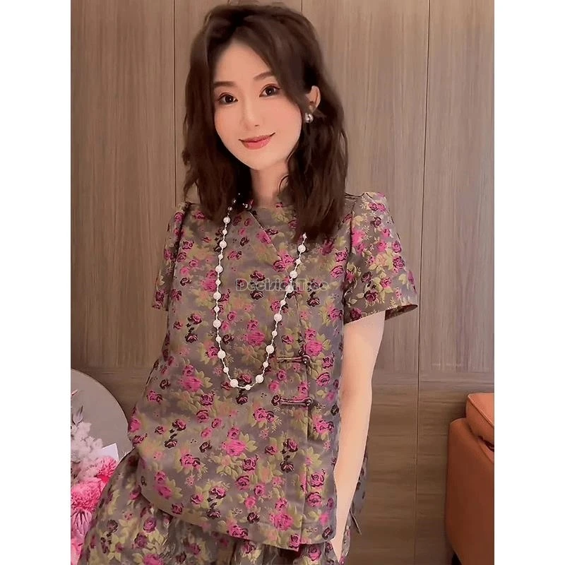 2024 summer new chinese style floral printed set women fashion loose casual retro fashion blouse shorts two-piece daily set w823