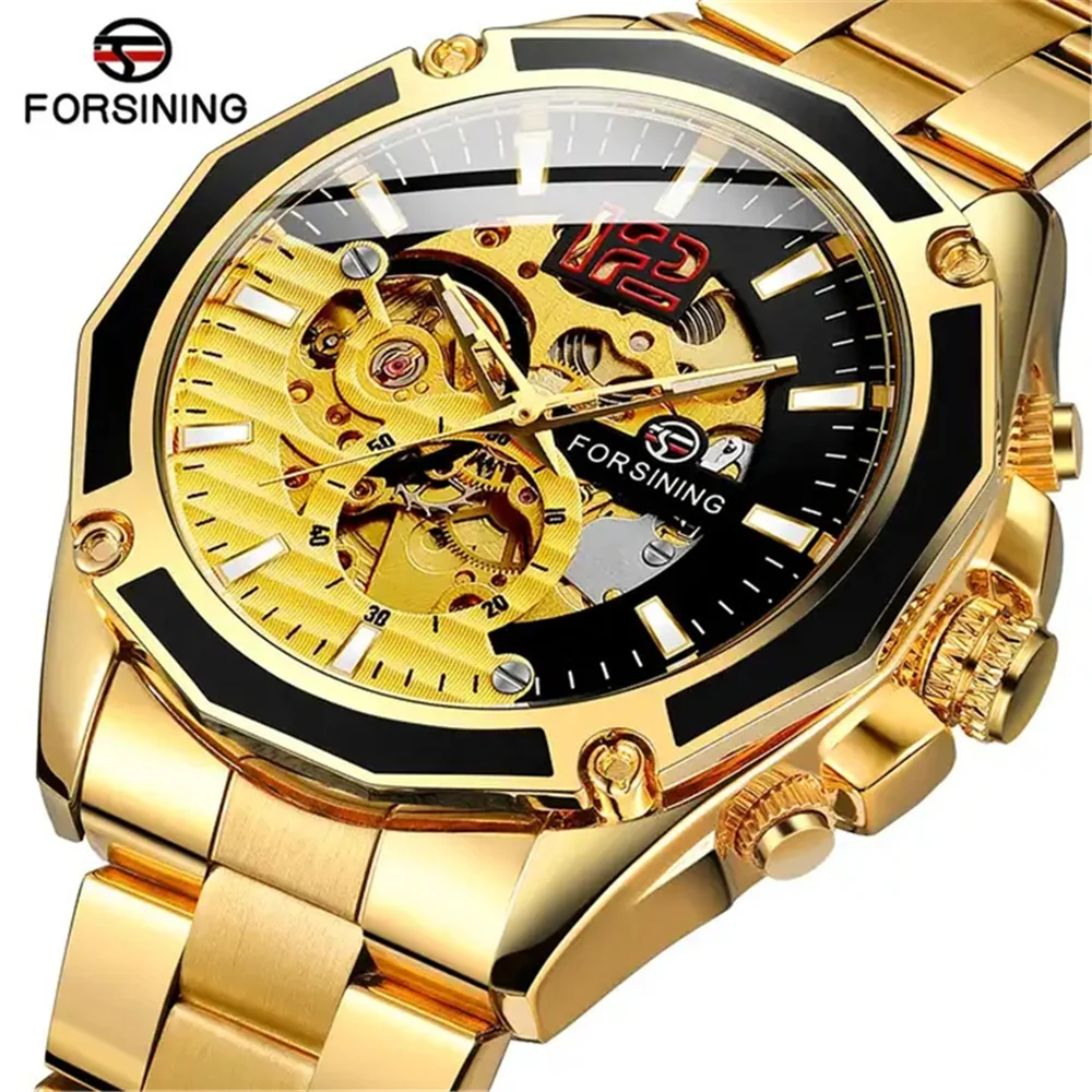 Forsining 1030A Classic Series Golden Top Brand Steel Mens Skeleton Man Wrist Watch Mechanical Luxury Fashion Automatic Watches