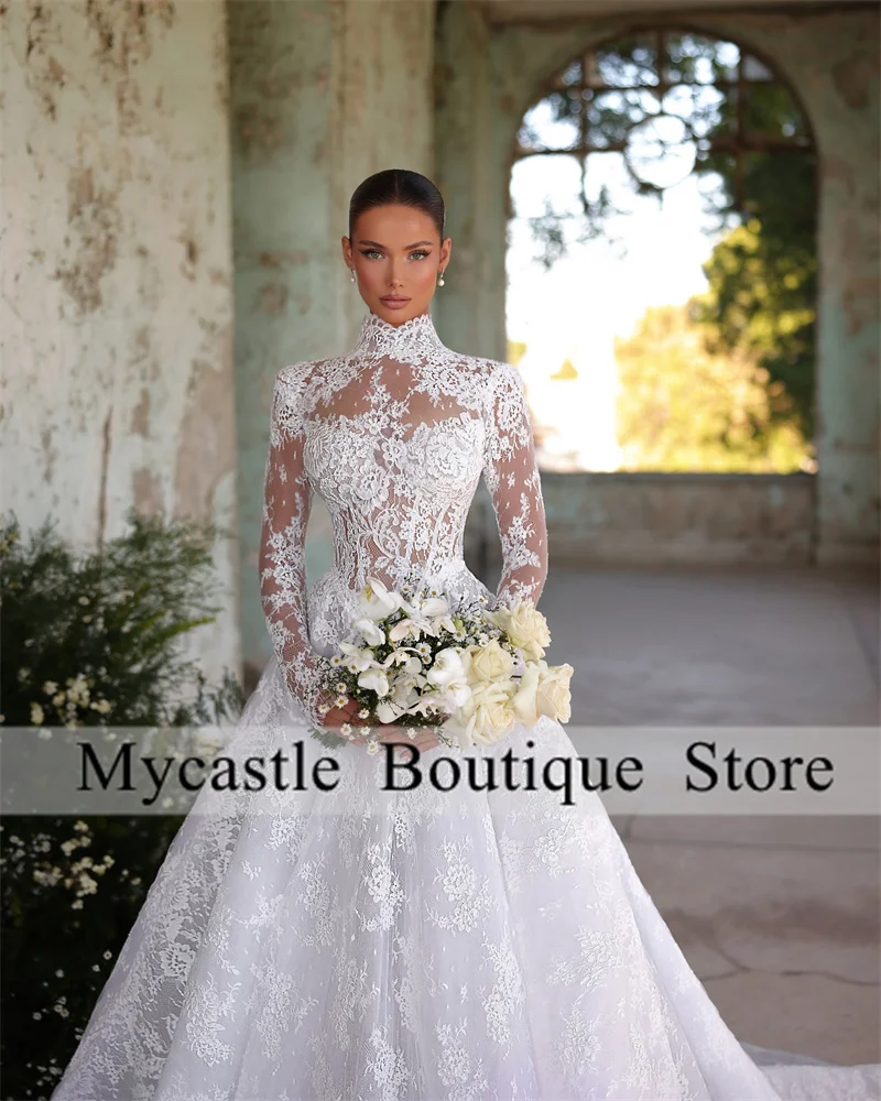 Elegant A-Line Women Lace Wedding Dresses 2025 Long Sleeve Bridal Gowns Bohemian Lace Floral Print Customized Vestido De Novias