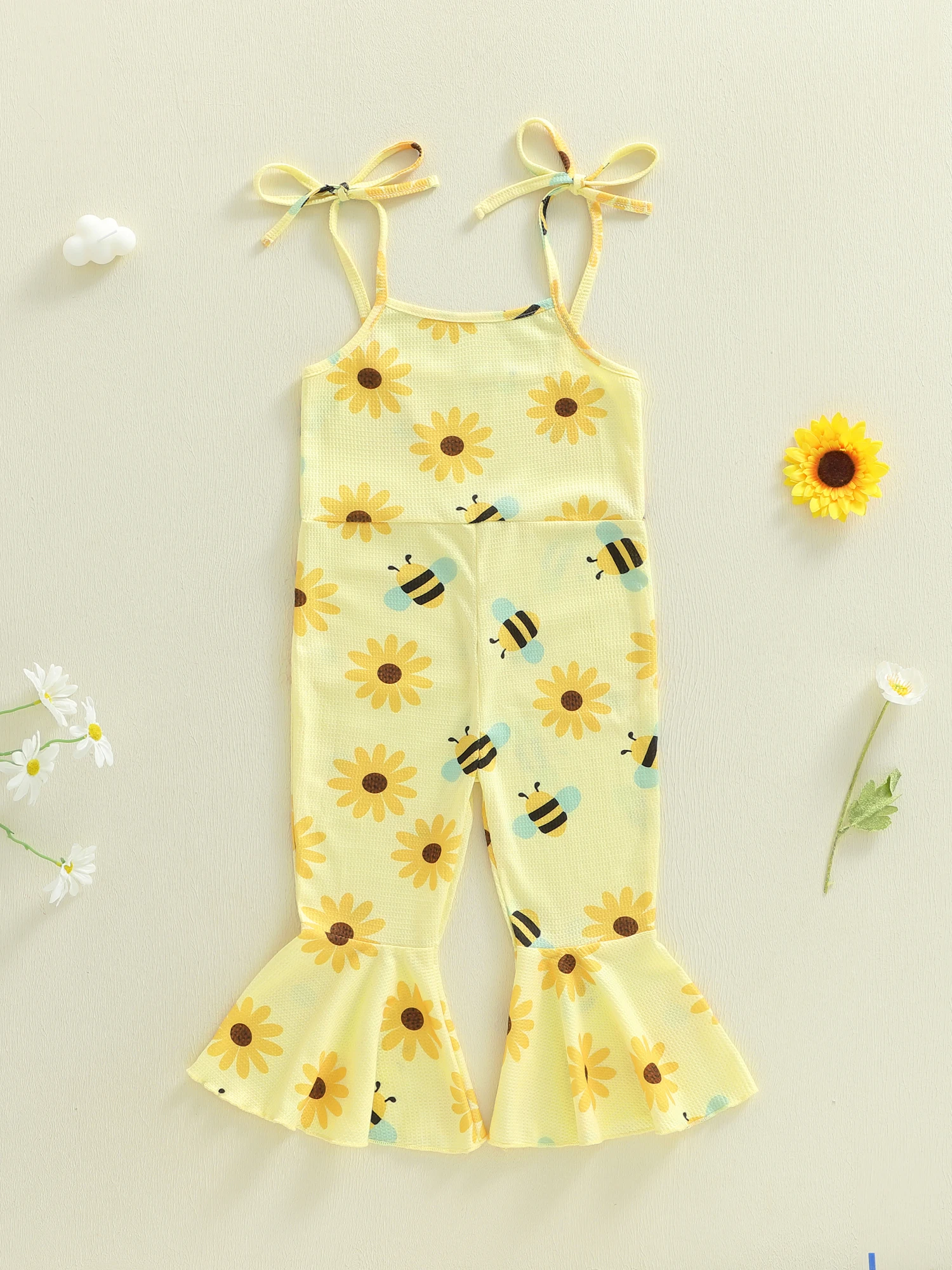 

Baby Girls Ruffle Sleeve Romper Jumpsuit Floral Print Off Shoulder Tie Waist Overall Bell Bottom Pants Set