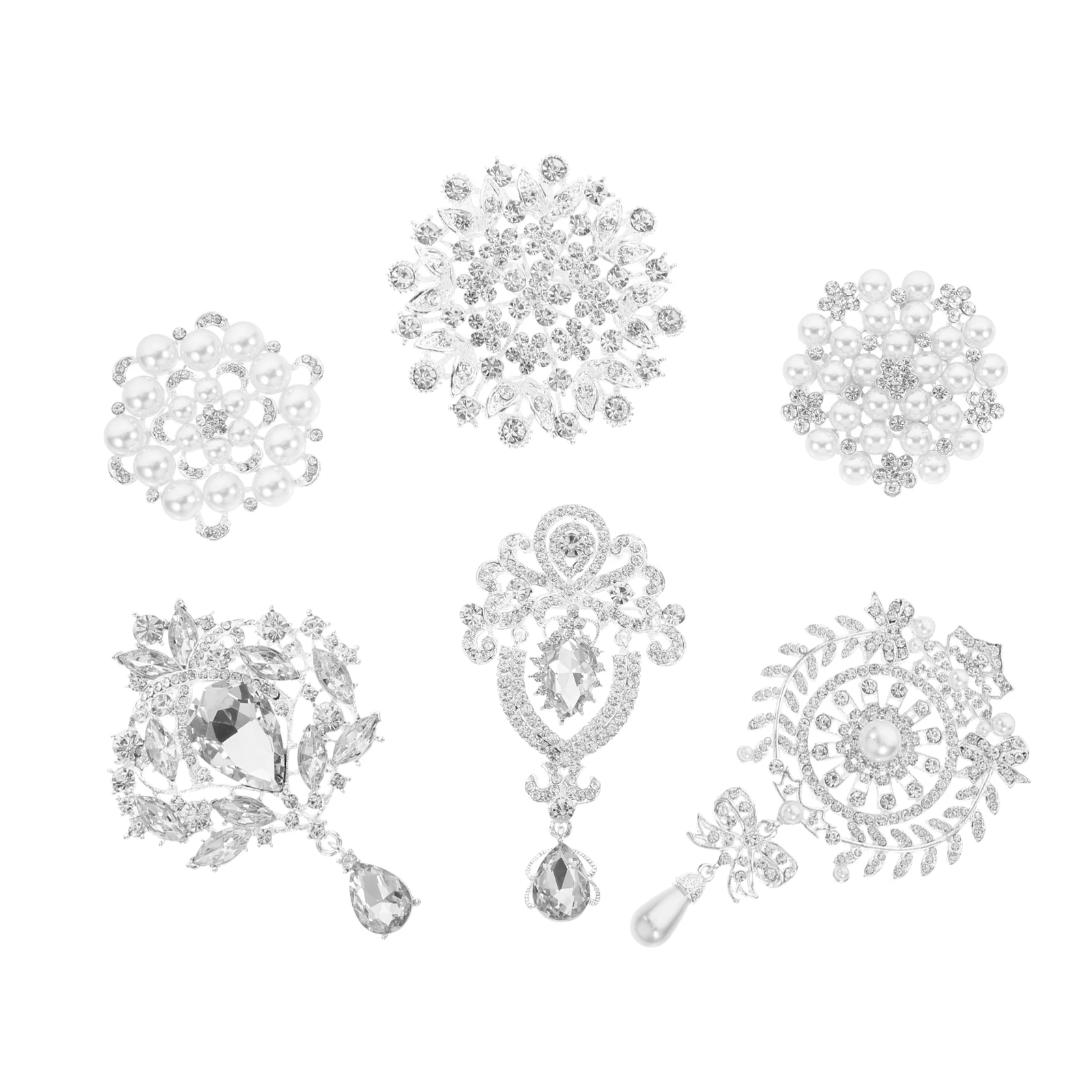 

6 Pcs Alloy Brooch Rhinestone Pearl Decoration Elegant Fashion Jewelry Set Silver Color For Clothing Wedding Gifts