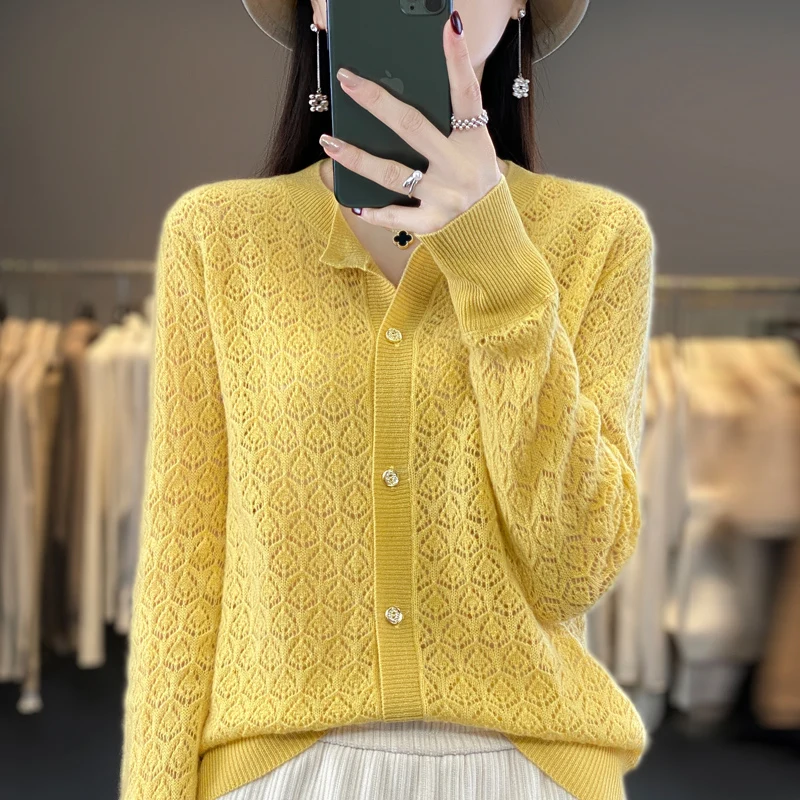 Spring and autumn new 100% wool knitted cardigan ladies hollow O-neck solid color bottoming cashmere sweater outside the coat