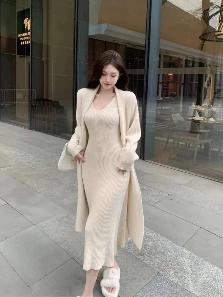 Fall/Winter Fashion Lazy Wind Vintage Two Piece Knitted Dress Sets Temperament Sweater Cardigan Jacket + Halter Dress Outfits