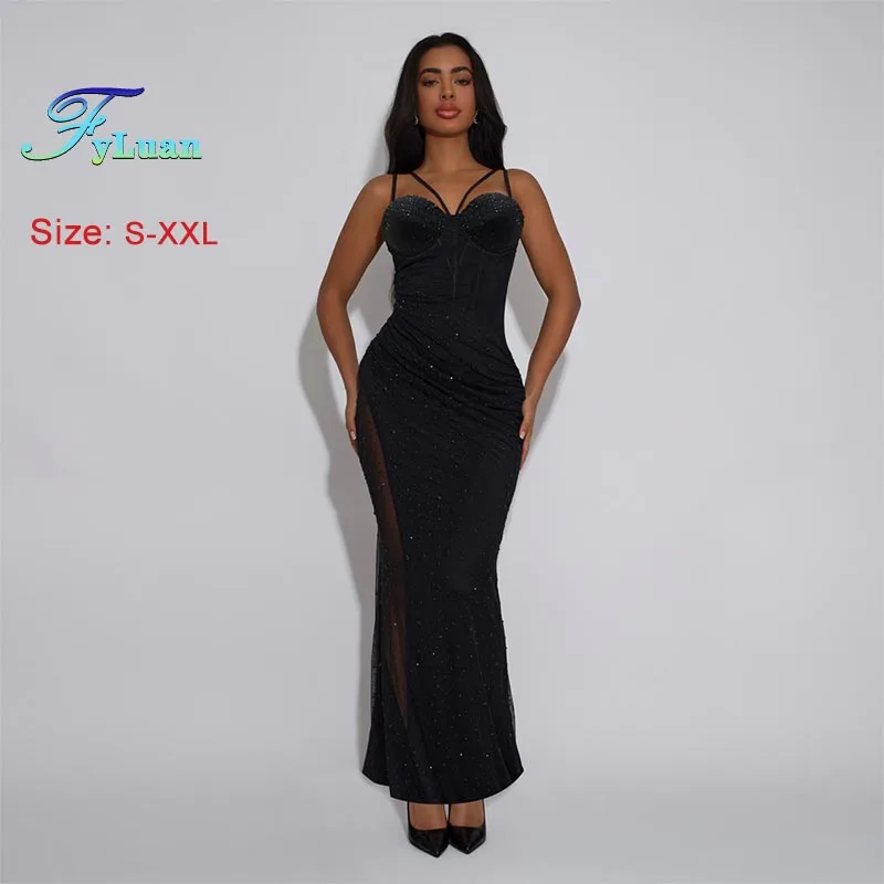 فستان عشاء أسود نحيف للنساء فستان طويل مثير أنيق بحمالات فستان ذيل السمكة الماسي الساخن موضة بقماش شفاف فستان ماكسي للسيدات #1