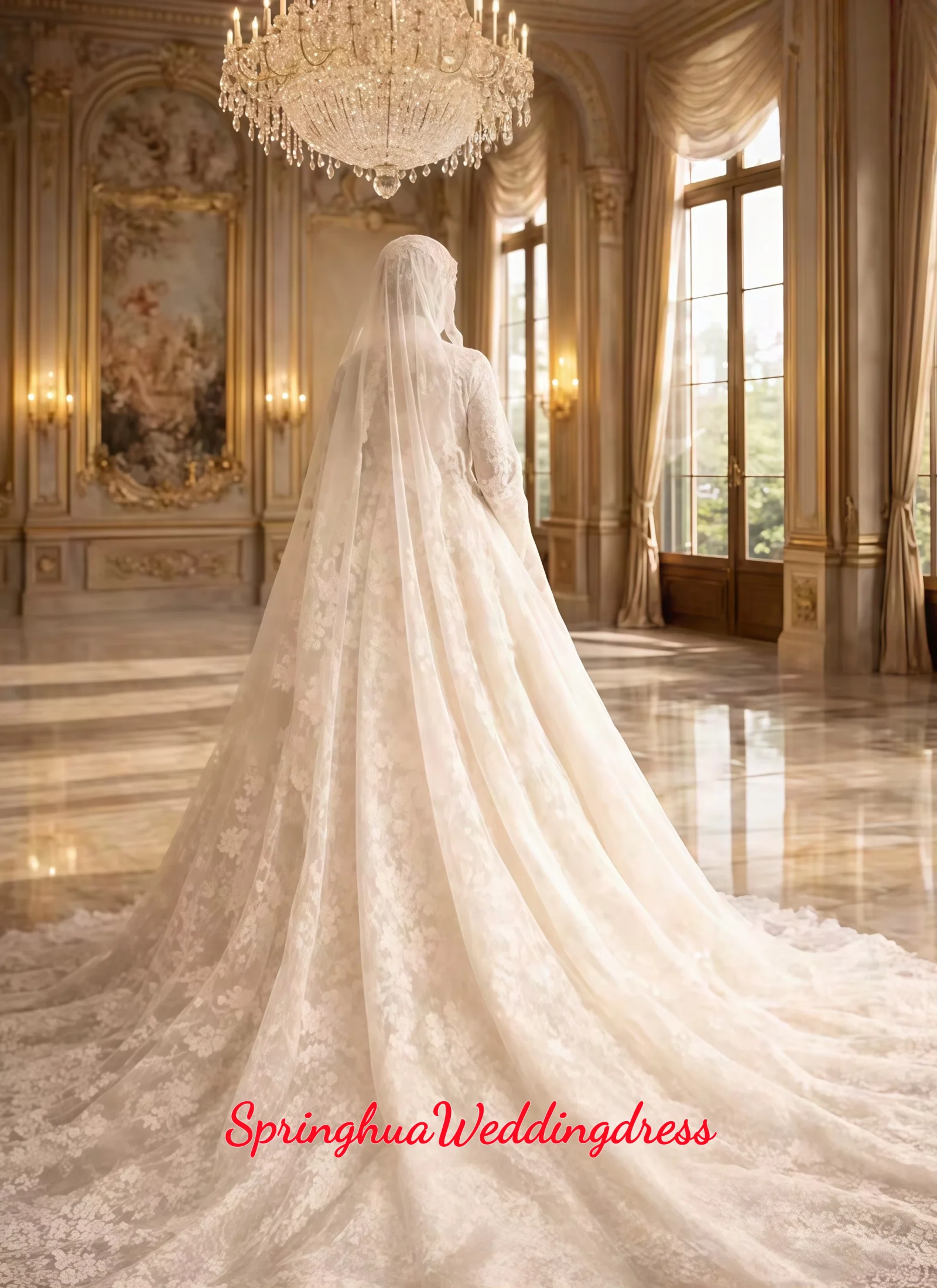 

Customized weddingdress round neck long sleeve Ball Gown embroidered lace vestidos de novia robe de mariee
