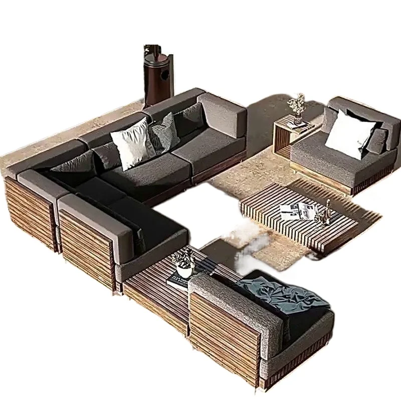 

High-end outdoor teak villa terrace sofa set leisure garden courtyard furniture indoor hotel bed and breakfast sofa