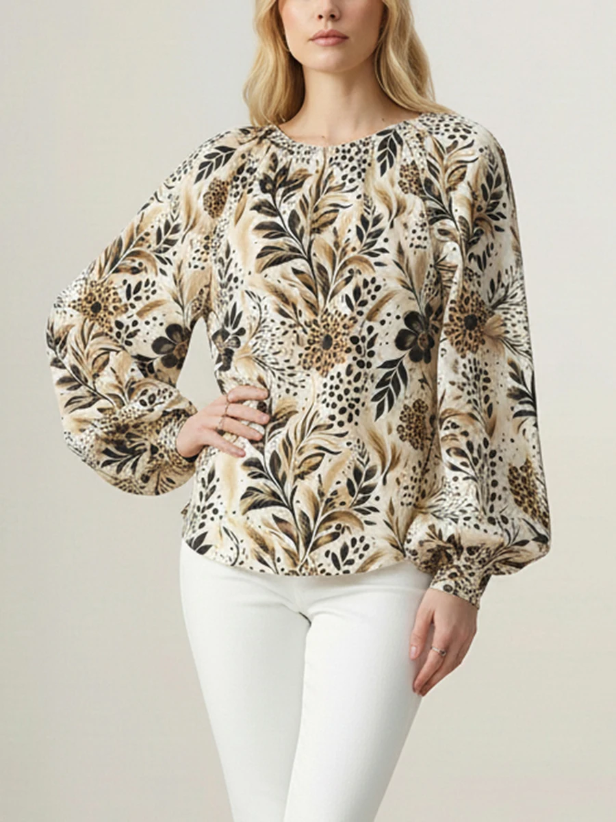 

Женская футболка Bonboho с принтом, длинным рукавом, круглым вырезом, пышными рукавами, свободного кроя, весна-лето 2026, модные рубашки и блузки