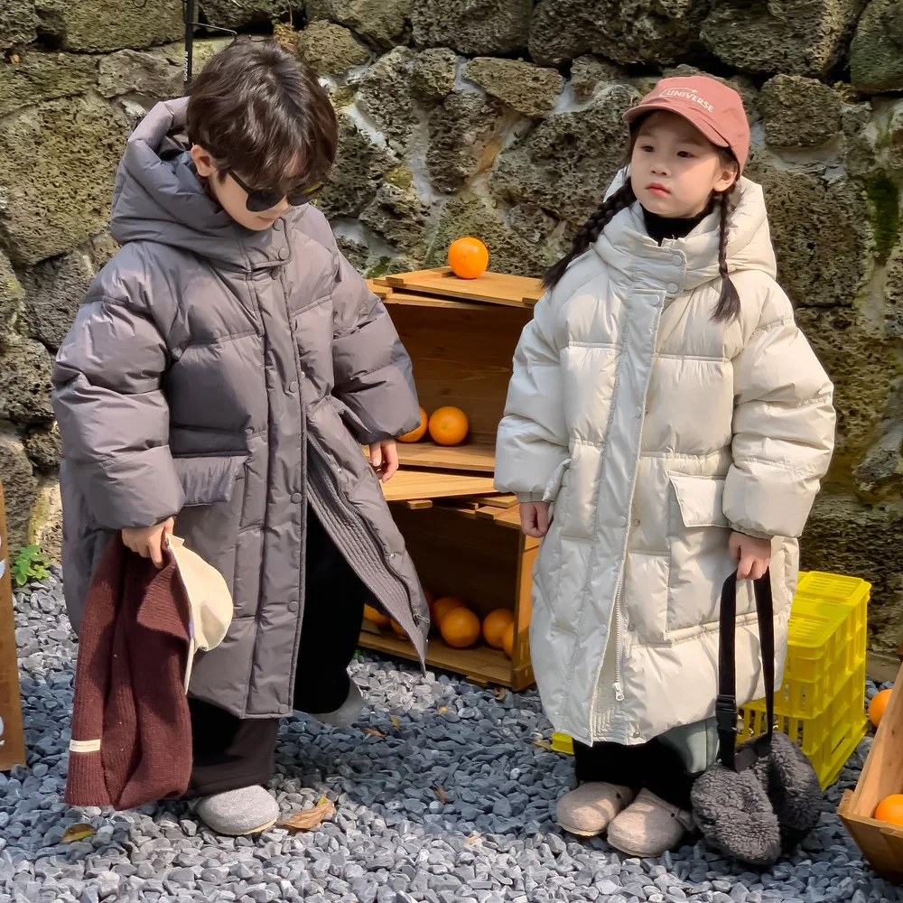 Korean Winter 1-10Y Kid Girl Duck Down Jacket Hooded Thicken Warm Children Girl Long Outerwear Parkas Teens Girls Windproof Coat
