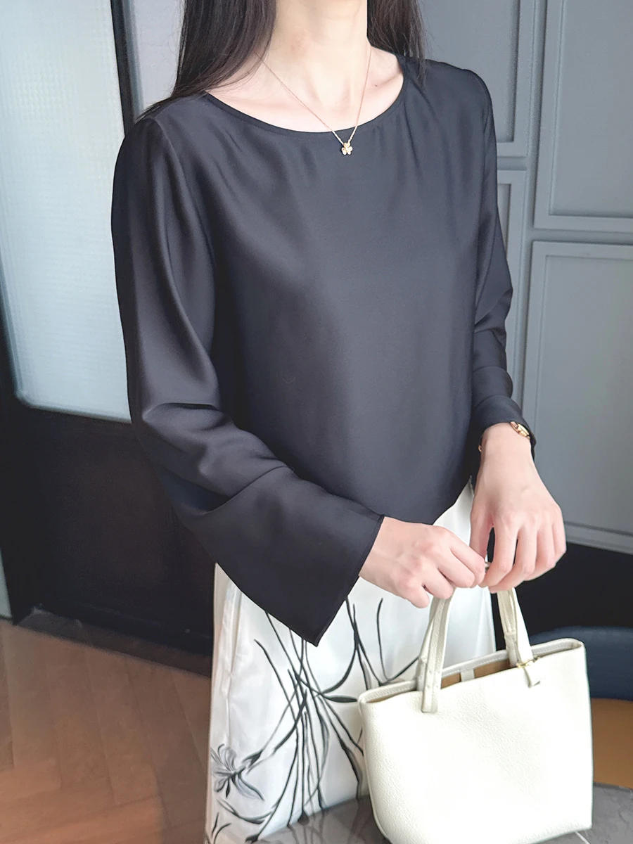 

Ele Silk Satin round Ne irt Dra High Quali Willow Commuting Casual Loose Fit Long Sve Women's irt