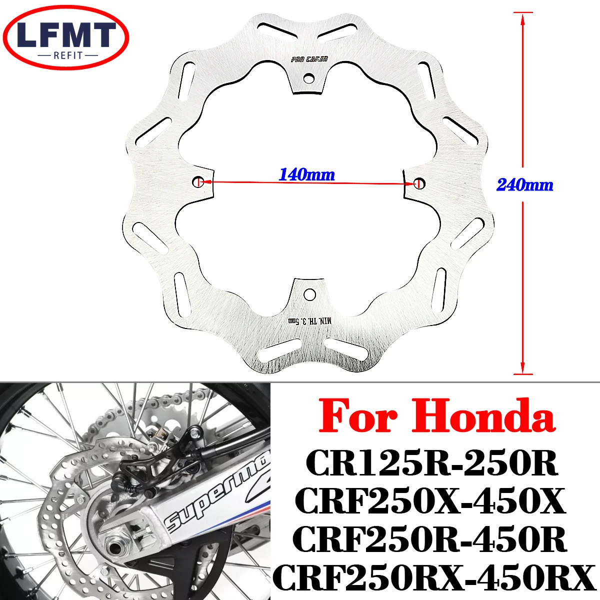 

Задний тормозной дисковый ротор 240 мм для мотоцикла Honda CR125R CR250R 2002-2007 CRF 250R 450R 2004-2014 250X 450X 2022