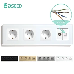 BSEED Double Wall Sockets EU Standard Four Frames Power Sockets TV PC Internet Crystal Glass Panel White Black Gold EU Standard