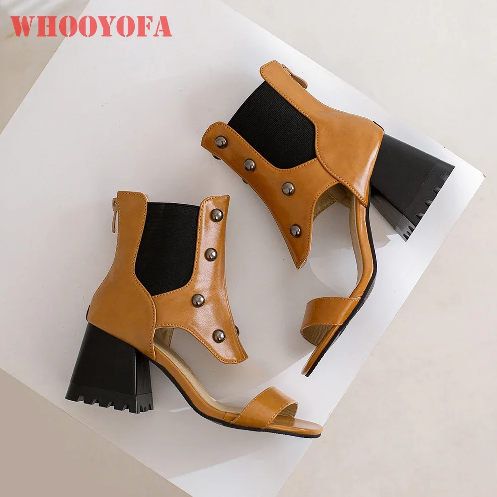 

New Summer Sweet Brown White Women Sandals Hot Round Toe High Sqaure Heels Lady Dress Shoes Big Small Size 32 43 45 48