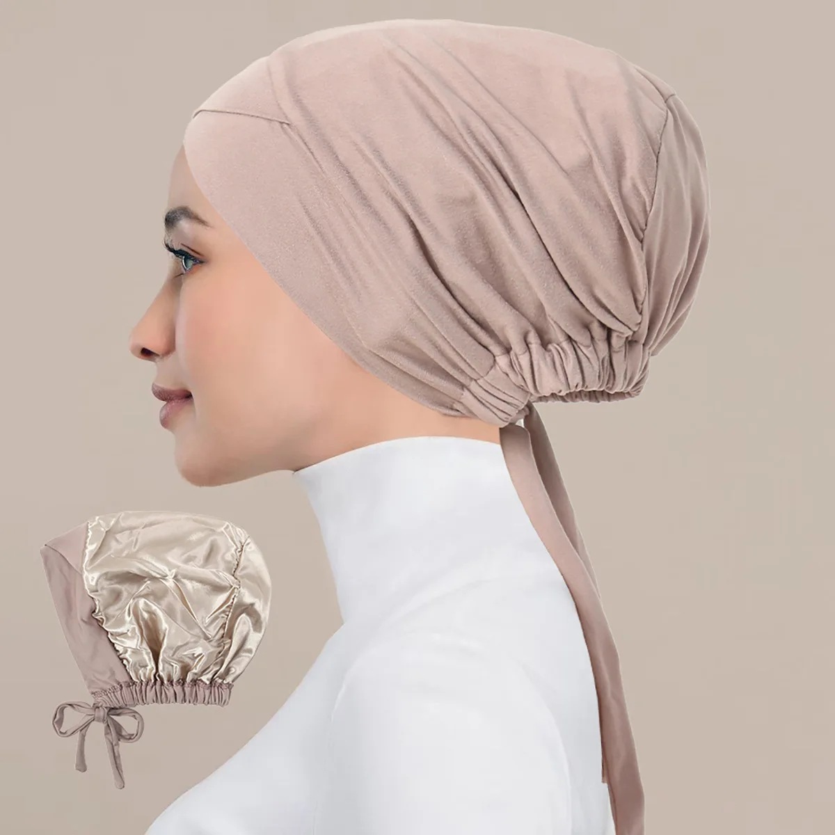 Gorro de Turbante musulmán forrado de satén, gorros Hijab interiores, pañuelo interior islámico, gorro de la India, turbante femenino, gorro Hijab de Mujer con cuerda