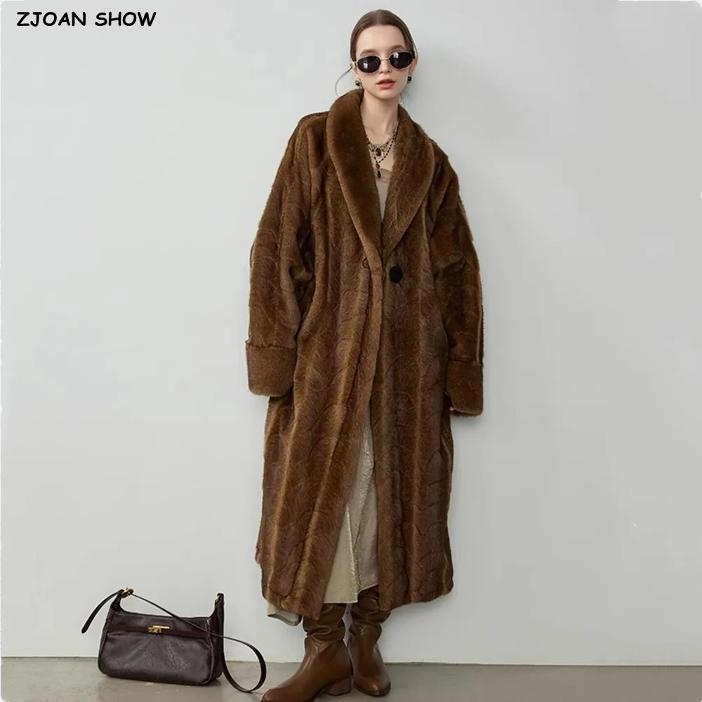 Winter Retro Sjaalkraag Open Stiksels Vleermuis Mouw Gradiënt Koffie Faux Nertsen Bontjas Vrouwen Oversized Losse Warme Lange Bovenkleding